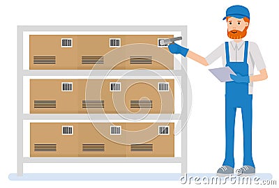 Warehouse worker scanning barcode on box in a large warehouse Vector Illustration