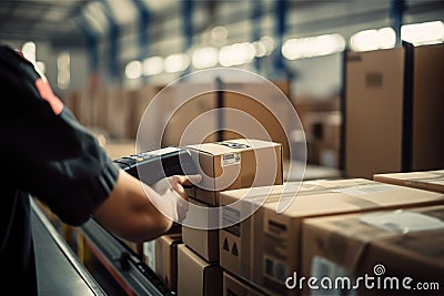 Warehouse worker using terminal to process packages in warehouse. Shallow depth of field Generative AI Stock Photo