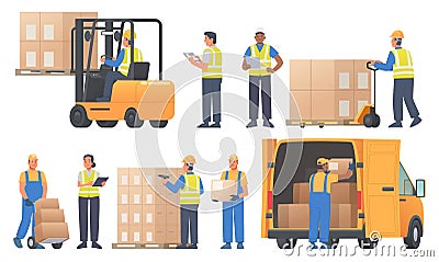 Warehouse workers characters set. Men and women, managers and laborers, forklift operator, movers. Logistics center staff Cartoon Illustration