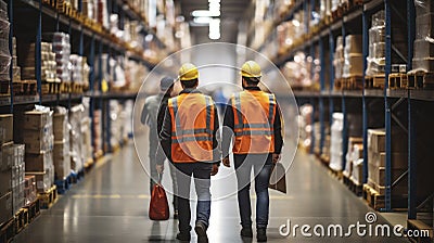 Warehouse Workers with Hardhats and Reflective Jackets Traverse the Aisles Flanked by Racks. Generative AI Stock Photo