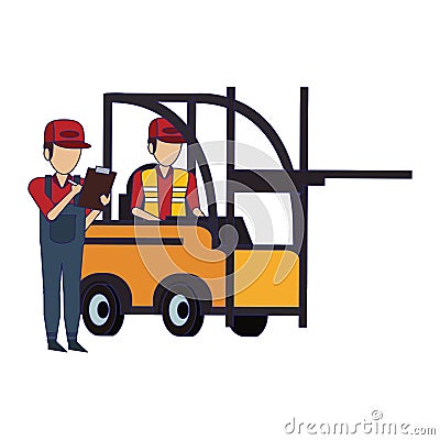 Warehouse workers with merchandise blue lines Vector Illustration