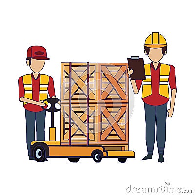 Warehouse workers with merchandise blue lines Vector Illustration