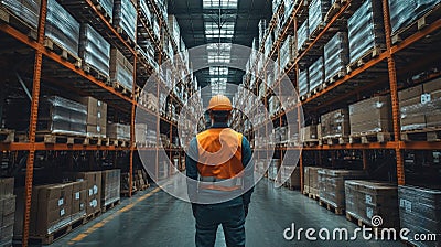 Warehouse workers utilizing exoskeletons for efficient material handling in a large storage facility Stock Photo