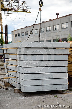 Warehousing of reinforced concrete road slabs at the warehouse of the manufacturer Stock Photo
