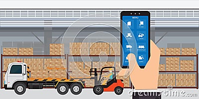 Warehousing and storage app on a smartphone with logistic Vector Illustration