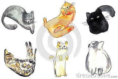 Warercolor brush cats illustration set Cartoon Illustration