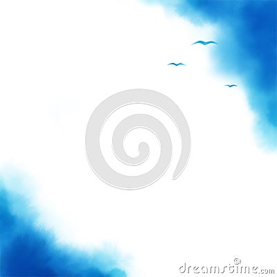 Warercolor style blue background with clouds and flying birds. Flying seaqulls, abstract watercolor background, blue Cartoon Illustration