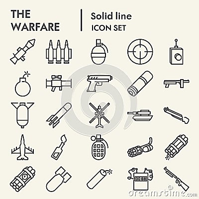 Warfare line icon set, weapon symbols collection, vector sketches, logo illustrations, arms signs linear pictograms Vector Illustration