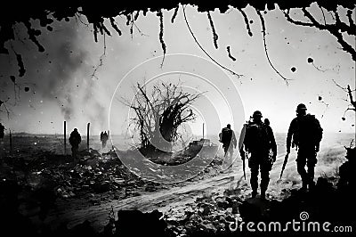 Warland with soldiers marching to the battle in a field of ruins Stock Photo