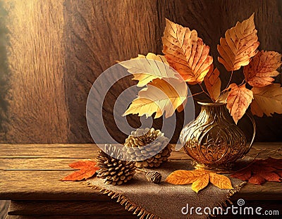 Warm autumn arrangement with leaves and pine cones on a wooden background Stock Photo