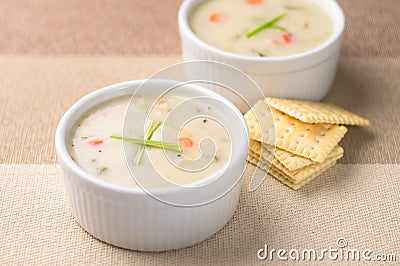 Warm bowls of clam chowder Stock Photo