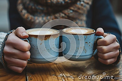 Warm camaraderie a group of people holding steaming coffee mugs Stock Photo
