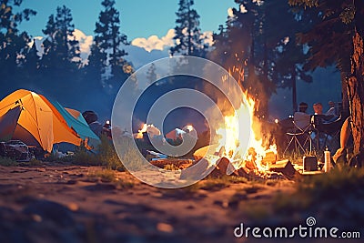 Warm campfire glow creates inviting atmosphere for cozy evening camping Stock Photo