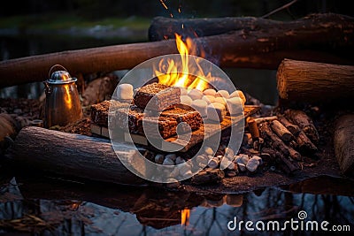 warm campfire with smores ingredients on nearby log Stock Photo