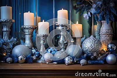 warm candles aglow amid blue and silver christmas decor Stock Photo