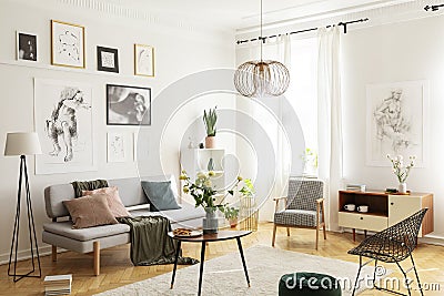 Warm carpet on parquet floor of trendy living room interior with stylish armchairs, wooden coffee table, grey sofa and gallery of Stock Photo
