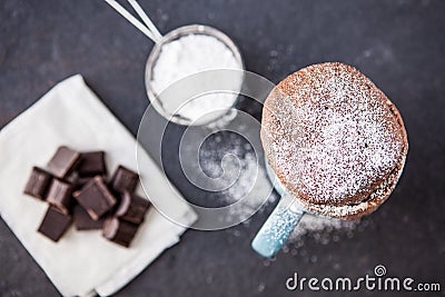 Warm chocolate cake in a mug sprinkled with icing sugar Stock Photo