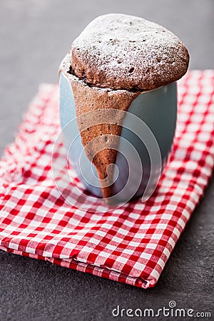 Warm chocolate cake in a mug sprinkled with icing sugar Stock Photo