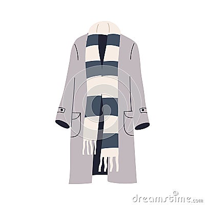 Warm coat and long scarf. Fashion outerwear, casual autumn clothes, women apparel for cold weather, fall. Modern stylish Vector Illustration