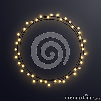 Warm colored light string Christmas wreath made of incandescent lamps. illustration. Cartoon Illustration