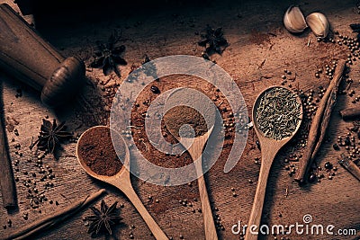 Warm colourful various spices and herbs in wooden spoons Stock Photo