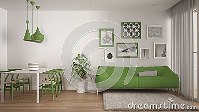 Warm and confortable colored white and green living room with dining table, sofa and fur carpet, potted plant and parquet floor, Stock Photo