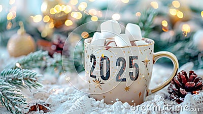 Warm and Cozy 2025 New Year Celebration with Hot Chocolate and Marshmallows Stock Photo