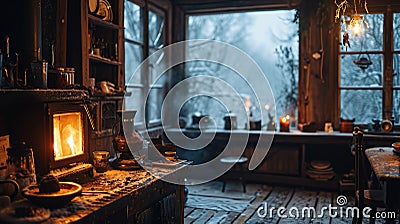Warm and cozy rustic cottage during Christmas time Cartoon Illustration