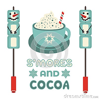 Warm cozy smores and cocoa welcome sign vector Cartoon Illustration