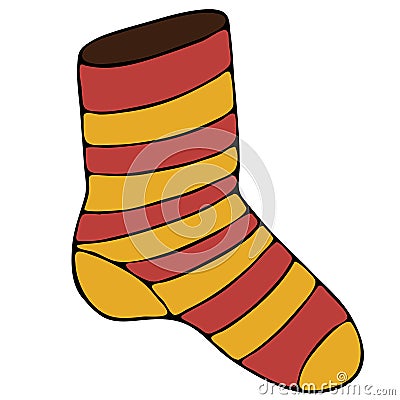 Warm and cozy striped sock for autumn-winter, colored doodles with a black outline Vector Illustration