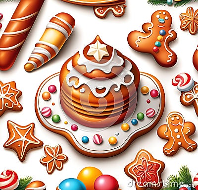 Warm and delicious homemade Christmas gingerbread, a festive treat for Christmas. Cartoon Illustration