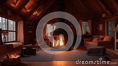 A cozy, fire-lit cabin interior with a yoga mat in the center Stock Photo