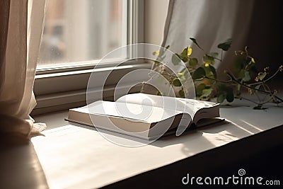 Ai Generative Open book on the windowsill in the morning sunlight. Selective focus Stock Photo