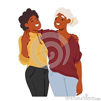 Warm Embrace Transcending Generations, Young And Old Women Hug. Mother And Adult Daughter Exude Care And Understanding Vector Illustration