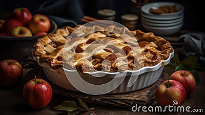 A warm and fragrant cinnamon apple pie with a flaky crust created with Generative AI Stock Photo