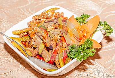 A warm fresh meat salad for a party Stock Photo