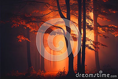 Warm glow Winter Fall Autumn forest woods with path sunset Stock Photo