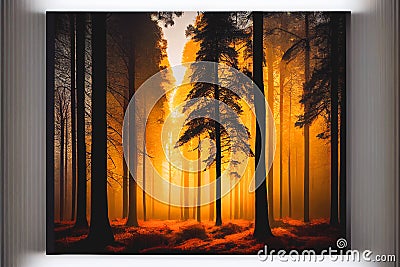 Warm glow Winter Fall Autumn forest woods with path sunset Stock Photo