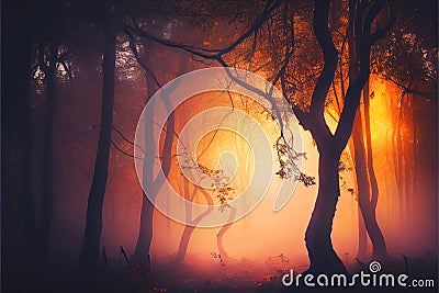 Warm glow Winter Fall Autumn forest woods with path sunset Stock Photo