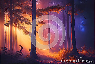 Warm glow Winter Fall Autumn forest woods with path sunset Stock Photo