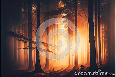 Warm glow Winter Fall Autumn forest woods with path sunset Stock Photo