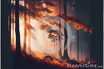 Warm glow Winter Fall Autumn forest woods with path sunset Stock Photo