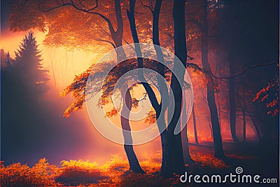 Warm glow Winter Fall Autumn forest woods with path sunset Stock Photo