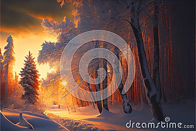 Warm glow Winter Fall Autumn forest woods with path Stock Photo