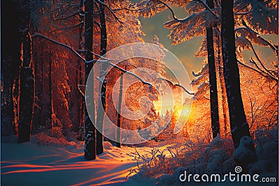 Warm glow Winter Fall Autumn forest woods with path Stock Photo