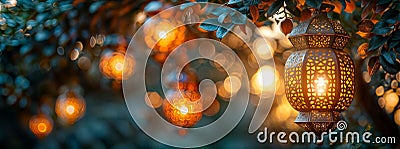 Warm glowing lanterns hanging among leaves with a magical bokeh effect Stock Photo