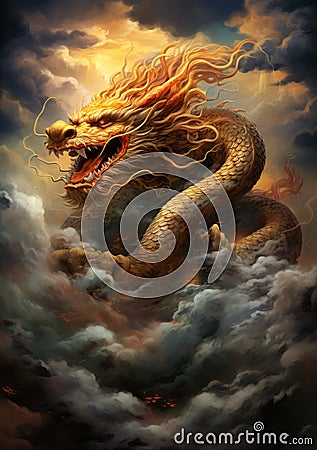 Warm Gold Traditional Chinese Dragon with Mouth open in the sky with dense clouds and top sun Stock Photo
