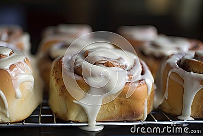 warm, gooey cinnamon buns with icing drizzle Stock Photo