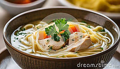 Warm homemade chicken soup with vegetables in ceramic bowl on table. Traditional tasty food Stock Photo