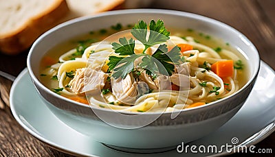 Warm homemade chicken soup with vegetables in white ceramic bowl on table. Traditional tasty food Stock Photo